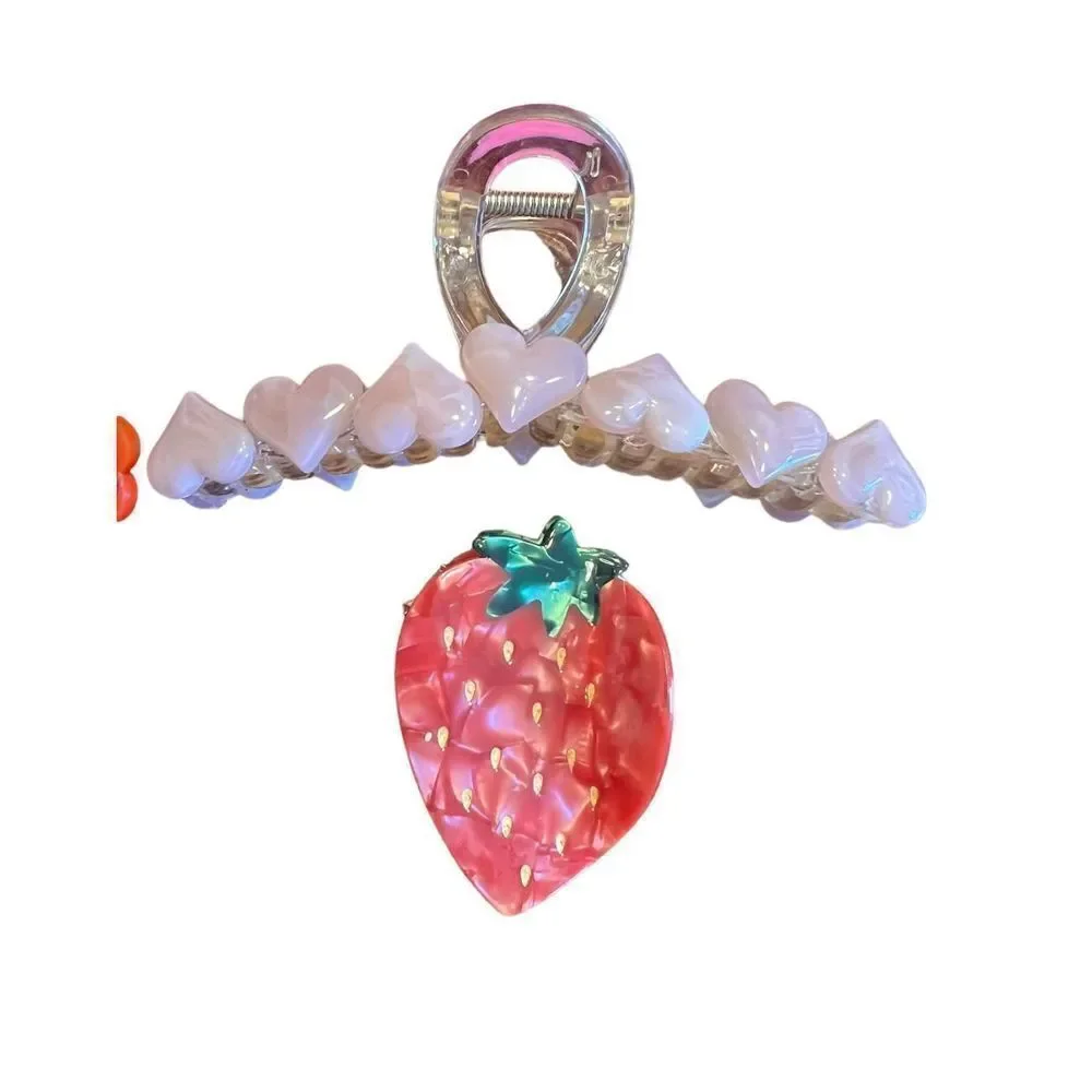 7 piece hair clips cherry hearts strawberries girls claw elastic ties loops